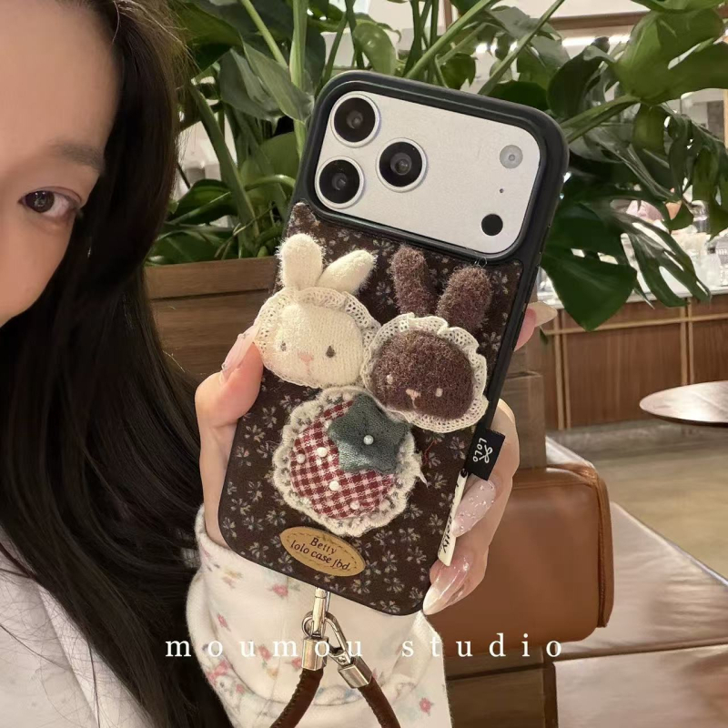 IPhone vāciņš ar retro ziedu 3D trušu ķēdi, silikons, matēta virsma, aizsardzība pret kritieniem