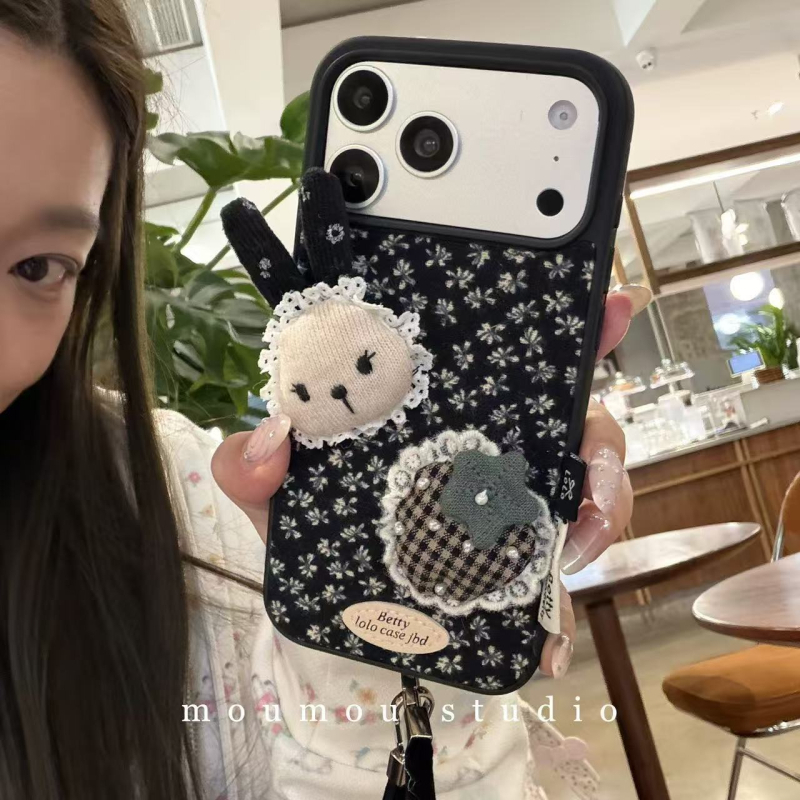 IPhone vāciņš ar retro ziedu 3D trušu ķēdi, silikons, matēta virsma, aizsardzība pret kritieniem