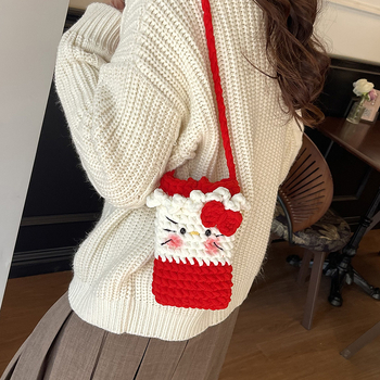 Ručne pletená vlněná crossbody taška v kórejskom štýle, s vreckom na telefón, vertikálny štvorcový tvar, polyesterová podšívka, zimná 2025