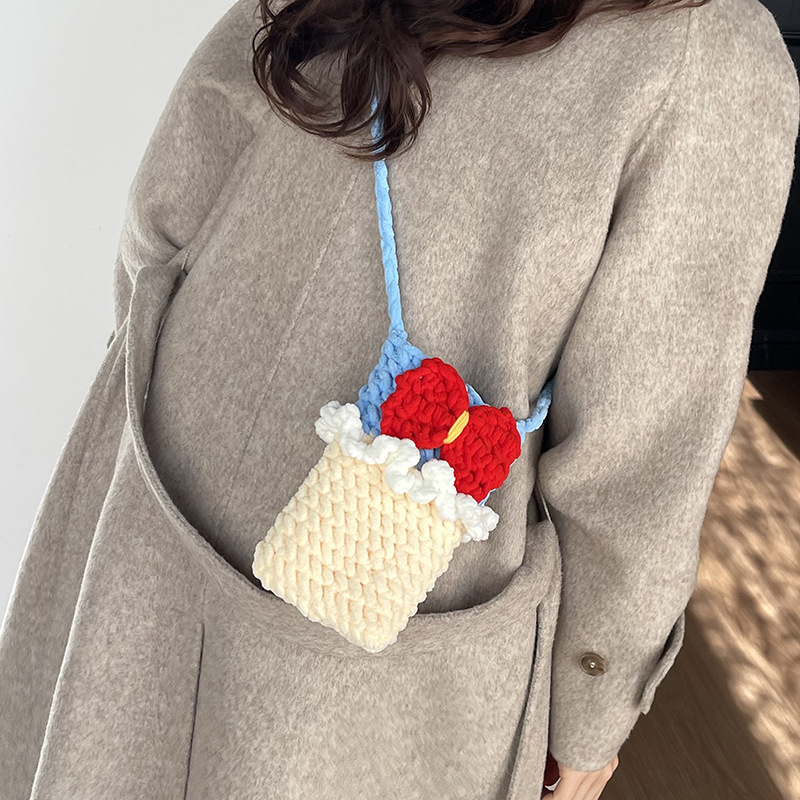 Ručne pletená vlněná crossbody taška v kórejskom štýle, s vreckom na telefón, vertikálny štvorcový tvar, polyesterová podšívka, zimná 2025