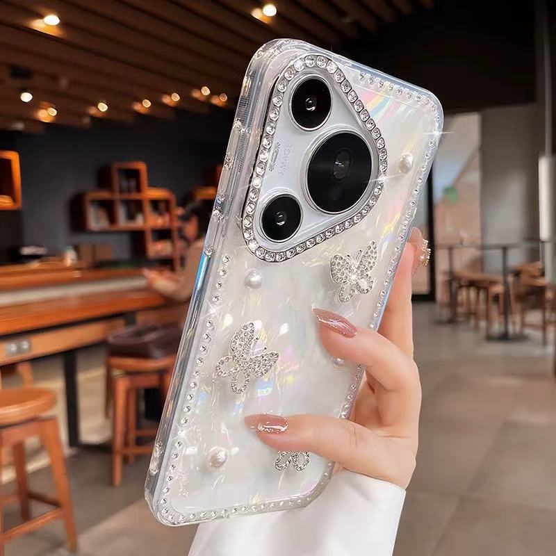 Chaohsi Huawei Pura70Pro/Pura80 kryt na telefón – motýľ s rhinestones a perlami, matný silikón, mrazený povrch, proti pádu