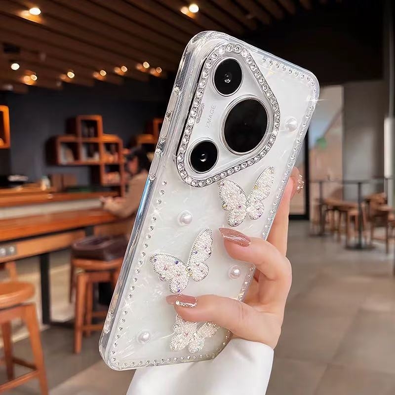 Chaohsi Huawei Pura70Pro/Pura80 kryt na telefón – motýľ s rhinestones a perlami, matný silikón, mrazený povrch, proti pádu