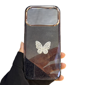 Kryt na telefón s krištáľovým motýľom – 2-in-1 mäkký okraj, tvrdý zadný panel z akrylu; dizajn mašličky; prispôsobiteľný; proti pádu; kompatibilný s iPhone 13 Pro Max, 13 Pro, 14 Pro Max, 17 Pro Max