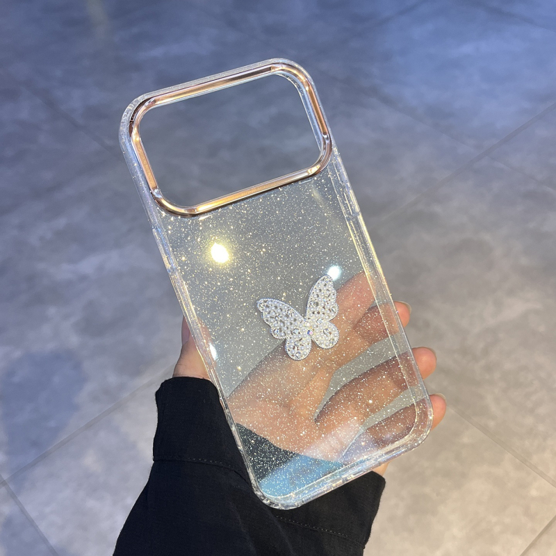 Kryt na telefón s krištáľovým motýľom – 2-in-1 mäkký okraj, tvrdý zadný panel z akrylu; dizajn mašličky; prispôsobiteľný; proti pádu; kompatibilný s iPhone 13 Pro Max, 13 Pro, 14 Pro Max, 17 Pro Max