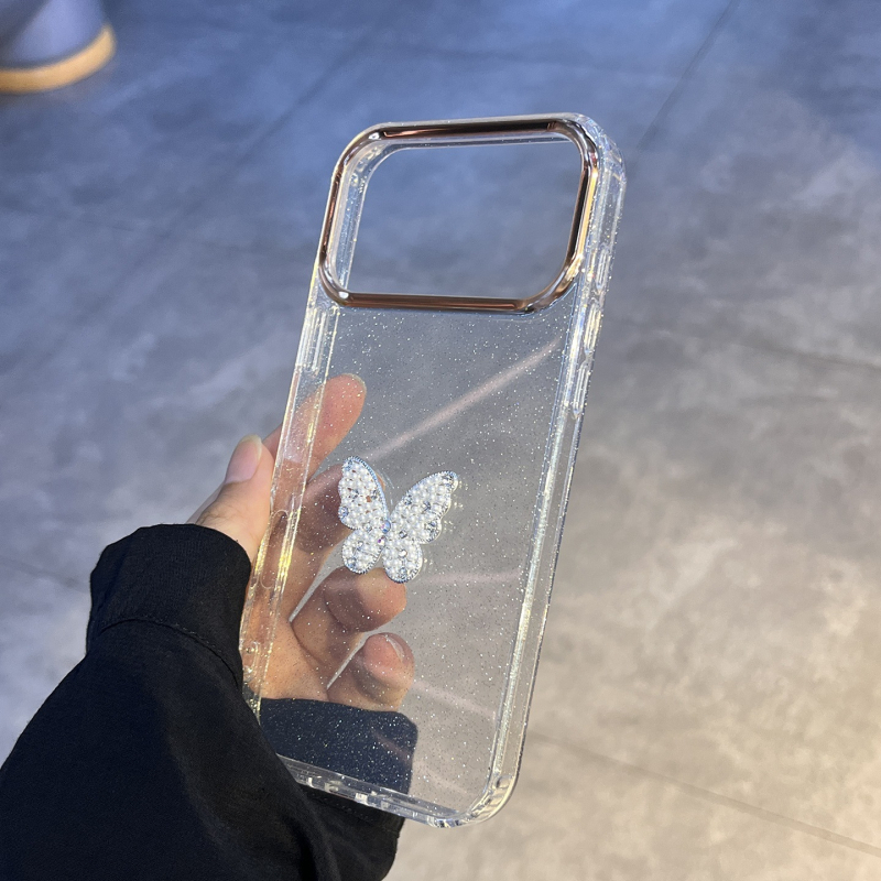Kryt na telefón s krištáľovým motýľom – 2-in-1 mäkký okraj, tvrdý zadný panel z akrylu; dizajn mašličky; prispôsobiteľný; proti pádu; kompatibilný s iPhone 13 Pro Max, 13 Pro, 14 Pro Max, 17 Pro Max