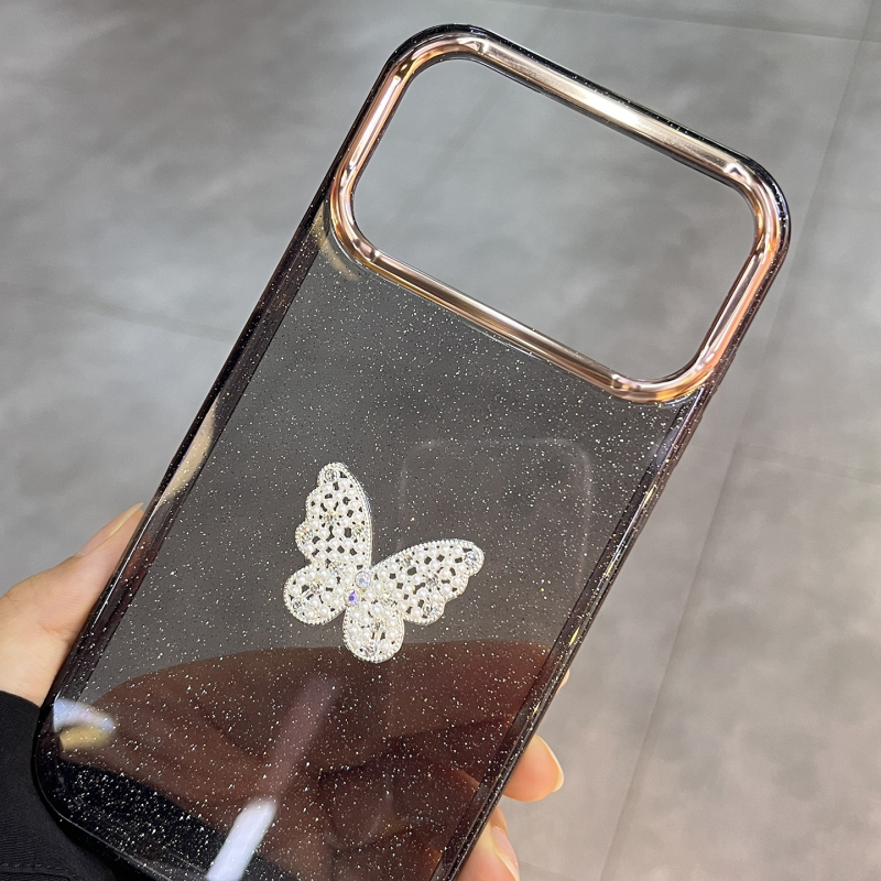 Kryt na telefón s krištáľovým motýľom – 2-in-1 mäkký okraj, tvrdý zadný panel z akrylu; dizajn mašličky; prispôsobiteľný; proti pádu; kompatibilný s iPhone 13 Pro Max, 13 Pro, 14 Pro Max, 17 Pro Max
