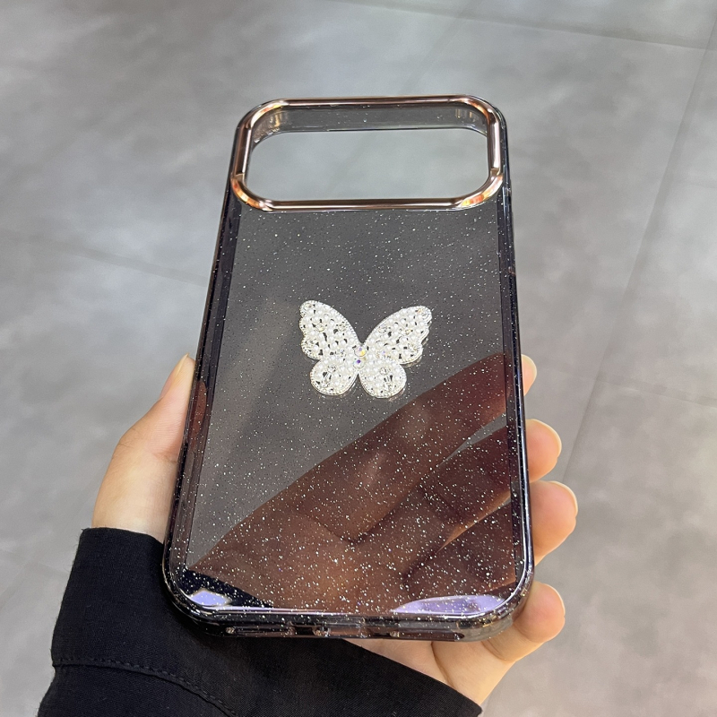 Kryt na telefón s krištáľovým motýľom – 2-in-1 mäkký okraj, tvrdý zadný panel z akrylu; dizajn mašličky; prispôsobiteľný; proti pádu; kompatibilný s iPhone 13 Pro Max, 13 Pro, 14 Pro Max, 17 Pro Max