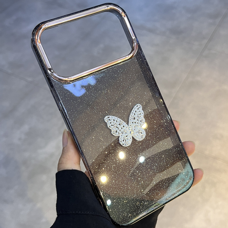 Kryt na telefón s krištáľovým motýľom – 2-in-1 mäkký okraj, tvrdý zadný panel z akrylu; dizajn mašličky; prispôsobiteľný; proti pádu; kompatibilný s iPhone 13 Pro Max, 13 Pro, 14 Pro Max, 17 Pro Max
