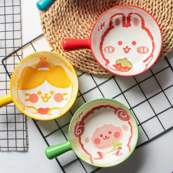 Керамична купа за печене с дръжка (мультяшен модел, порцелан, микровълнова съвместимост, кръгла форма, свеж и сладък стил)