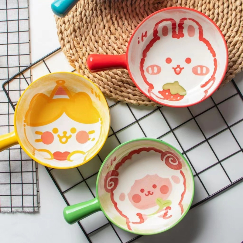 Керамична купа за печене с дръжка (мультяшен модел, порцелан, микровълнова съвместимост, кръгла форма, свеж и сладък стил)