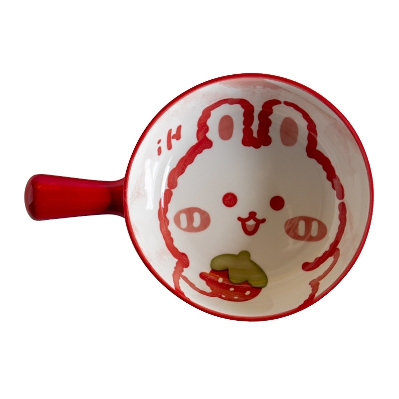 Керамична купа за печене с дръжка (мультяшен модел, порцелан, микровълнова съвместимост, кръгла форма, свеж и сладък стил)