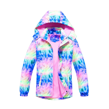 Meitenēm paredzēta rāvējslēdzēja jaka ar varavīksnes gradienta 3D digitālo apdruku, ūdensnecaurlaidīga un elpojoša, noņemama kapuce, 8 gadi un vecākiem