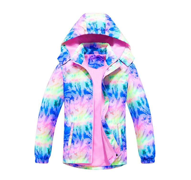 Meitenēm paredzēta rāvējslēdzēja jaka ar varavīksnes gradienta 3D digitālo apdruku, ūdensnecaurlaidīga un elpojoša, noņemama kapuce, 8 gadi un vecākiem