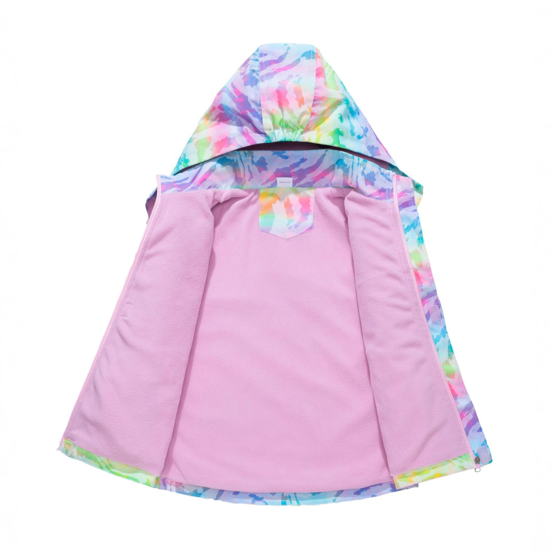 Meitenēm paredzēta rāvējslēdzēja jaka ar varavīksnes gradienta 3D digitālo apdruku, ūdensnecaurlaidīga un elpojoša, noņemama kapuce, 8 gadi un vecākiem