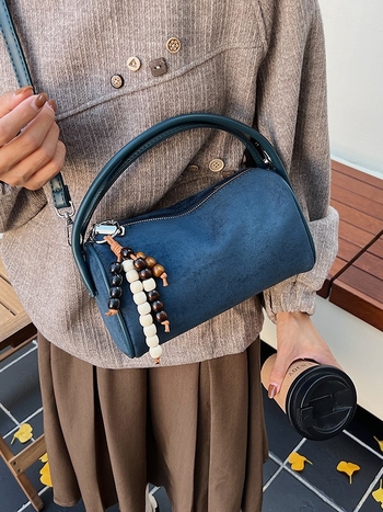 Boston női táska - hengeres forma, cipzáras zárás, PU+deerskin velvet anyag, belső telefontartó zseb