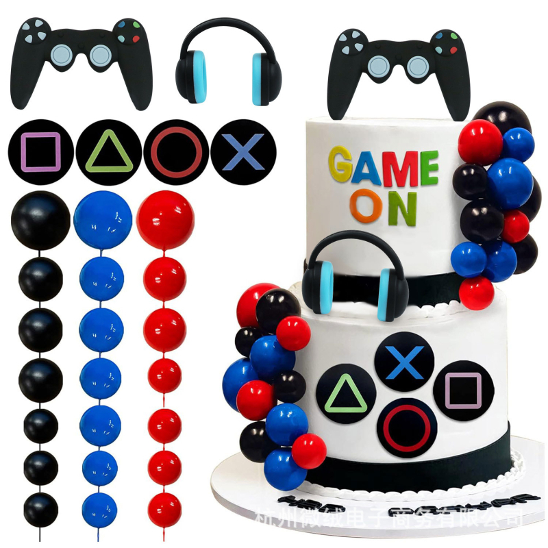 Decoruri pentru tort cu tematica jocuri video – set de 30 bucăți, include căști, consolă și controler; material: plastic; ambalaj: carton; import: nu; autorizare IP: nu; potrivit pentru Ziua Îndrăgostiților Chineze