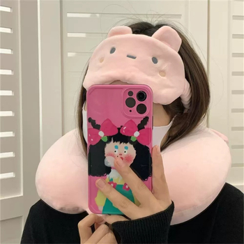 U-образна възглавничка за врата с паметна пяна и бархатена корица, карикатурен динозавър и сладко мече, миеща се, включва маска за очи