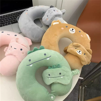 U-образна възглавничка за врата с паметна пяна и бархатена корица, карикатурен динозавър и сладко мече, миеща се, включва маска за очи