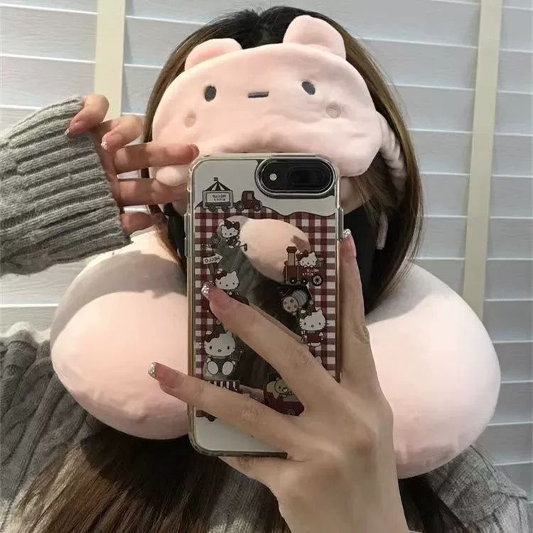 U-образна възглавничка за врата с паметна пяна и бархатена корица, карикатурен динозавър и сладко мече, миеща се, включва маска за очи