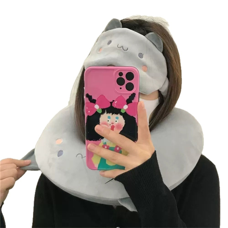 U-образна възглавничка за врата с паметна пяна и бархатена корица, карикатурен динозавър и сладко мече, миеща се, включва маска за очи