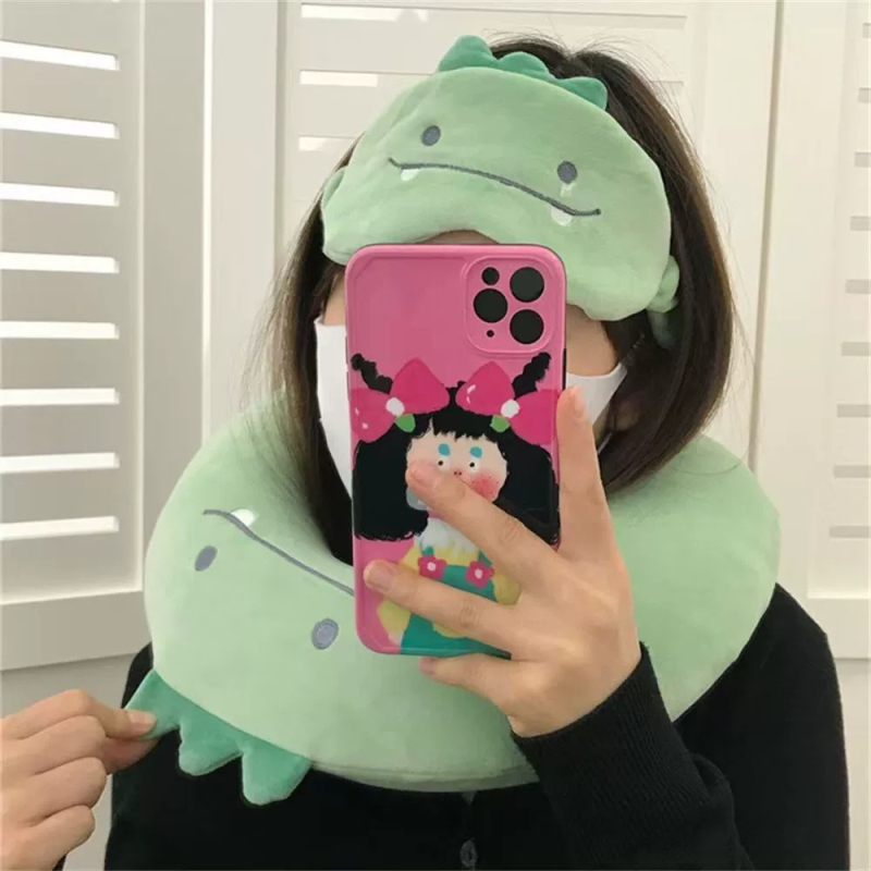 U-образна възглавничка за врата с паметна пяна и бархатена корица, карикатурен динозавър и сладко мече, миеща се, включва маска за очи