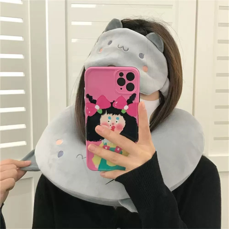 U-образна възглавничка за врата с паметна пяна и бархатена корица, карикатурен динозавър и сладко мече, миеща се, включва маска за очи