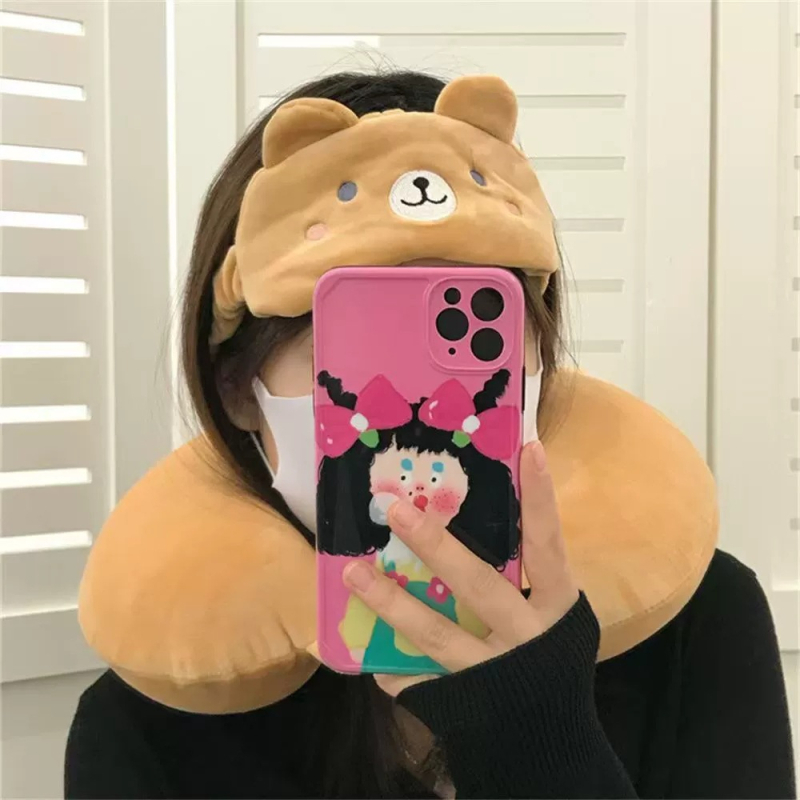 U-образна възглавничка за врата с паметна пяна и бархатена корица, карикатурен динозавър и сладко мече, миеща се, включва маска за очи