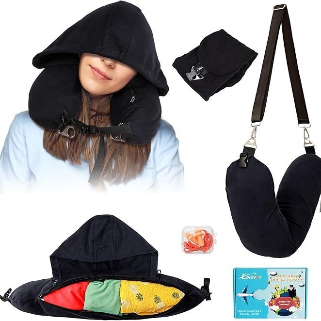 У-образна пътна възглавница за врата с качулка, преносима, пълнеж полиестерни влакна