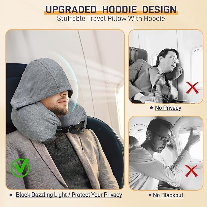 У-образна пътна възглавница за врата с качулка, преносима, пълнеж полиестерни влакна