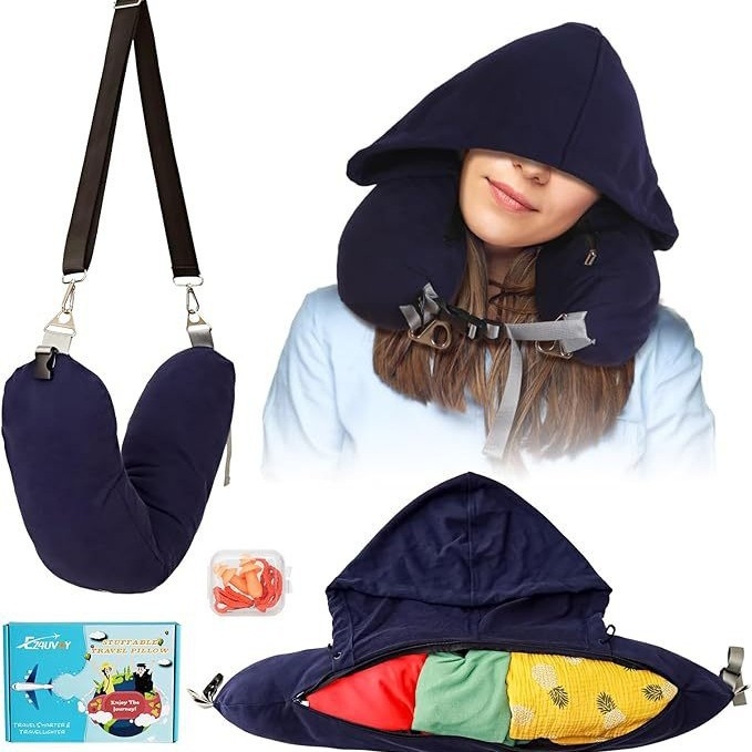 У-образна пътна възглавница за врата с качулка, преносима, пълнеж полиестерни влакна