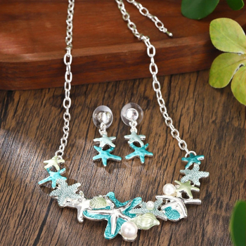 Set nakita: naušnice i ogrlica, Oil Dripping stil, elegantan; ocean život motiv; materijal: legura; težina 32 g; ljeto 2024