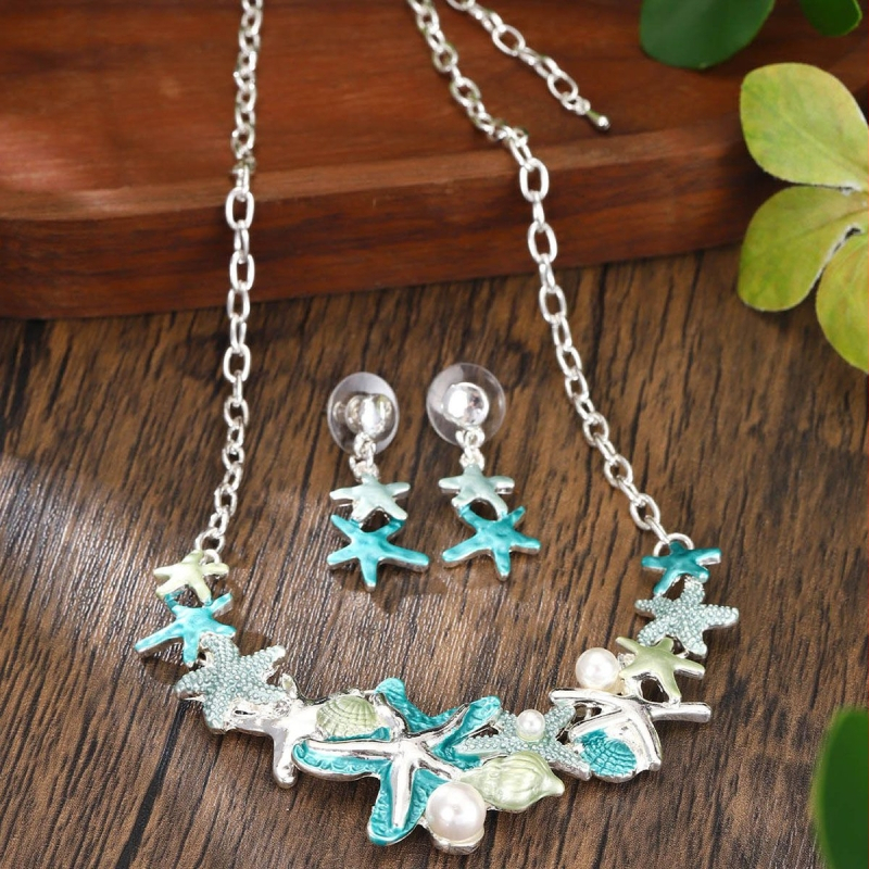 Set nakita: naušnice i ogrlica, Oil Dripping stil, elegantan; ocean život motiv; materijal: legura; težina 32 g; ljeto 2024