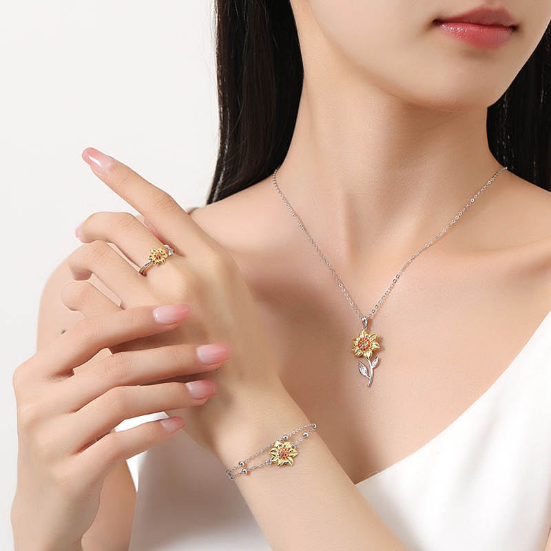 Σετ κοσμημάτων από ασήμι S925 με ηλίανθο – Κολιέ και κοσμήματα για το χέρι, Ευρωπαϊκό-Αμερικανικό στυλ