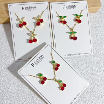 Σετ κοσμημάτων με κεράσια: κολιέ και σκουλαρίκια, χαλκός, ηλεκτροπλατίνα, O-αλυσίδα, κορεατικό στυλ