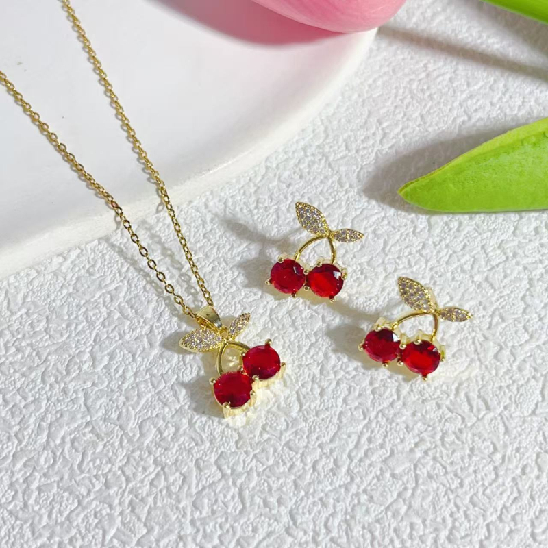 Σετ κοσμημάτων με κεράσια: κολιέ και σκουλαρίκια, χαλκός, ηλεκτροπλατίνα, O-αλυσίδα, κορεατικό στυλ