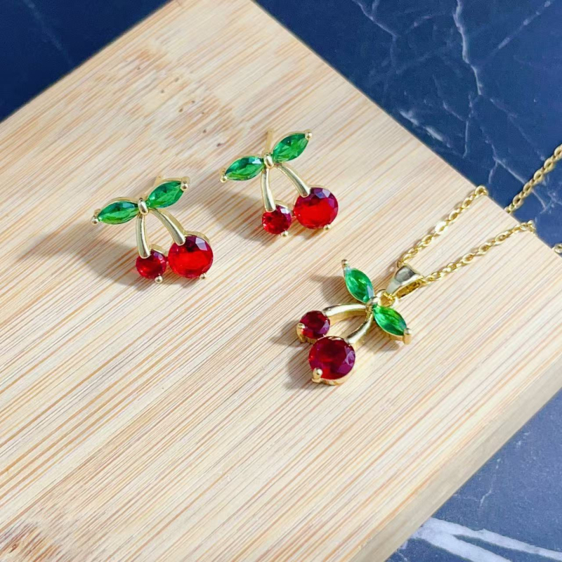 Σετ κοσμημάτων με κεράσια: κολιέ και σκουλαρίκια, χαλκός, ηλεκτροπλατίνα, O-αλυσίδα, κορεατικό στυλ