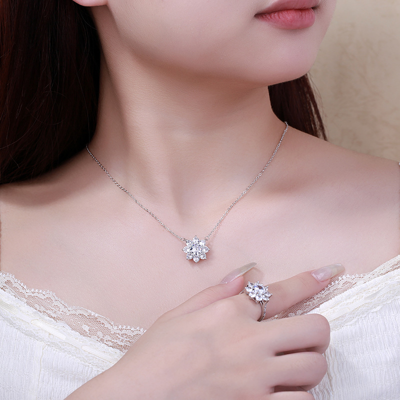 Σετ κοσμημάτων (σκουλαρίκια + κολιέ + δαχτυλίδι) με μοτίβο ηλίανθος, τετράγωνος μενταγιόν, επάλληλες πολύτιμες πέτρες, Ο-αλυσίδα