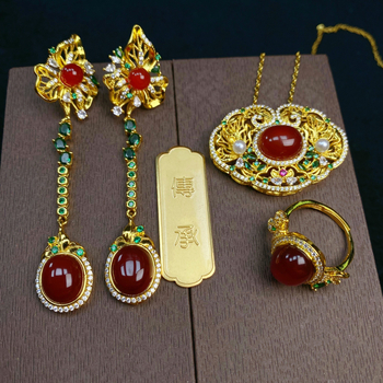 Σετ κοσμημάτων από αχάτη με εντοιχισμένο χαλκό κρεμαστό, σκουλαρίκια, κολιέ και δαχτυλίδι, Ο-αλυσίδα, Λογοτεχνικό ρετρό στυλ