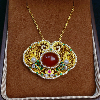 Σετ κοσμημάτων από αχάτη με εντοιχισμένο χαλκό κρεμαστό, σκουλαρίκια, κολιέ και δαχτυλίδι, Ο-αλυσίδα, Λογοτεχνικό ρετρό στυλ