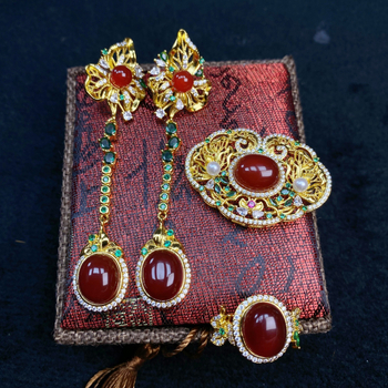 Σετ κοσμημάτων από αχάτη με εντοιχισμένο χαλκό κρεμαστό, σκουλαρίκια, κολιέ και δαχτυλίδι, Ο-αλυσίδα, Λογοτεχνικό ρετρό στυλ