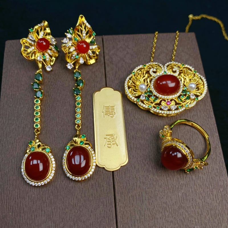 Σετ κοσμημάτων από αχάτη με εντοιχισμένο χαλκό κρεμαστό, σκουλαρίκια, κολιέ και δαχτυλίδι, Ο-αλυσίδα, Λογοτεχνικό ρετρό στυλ