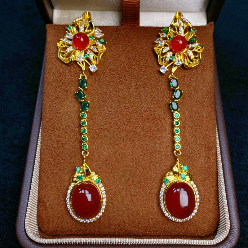 Σετ κοσμημάτων από αχάτη με εντοιχισμένο χαλκό κρεμαστό, σκουλαρίκια, κολιέ και δαχτυλίδι, Ο-αλυσίδα, Λογοτεχνικό ρετρό στυλ