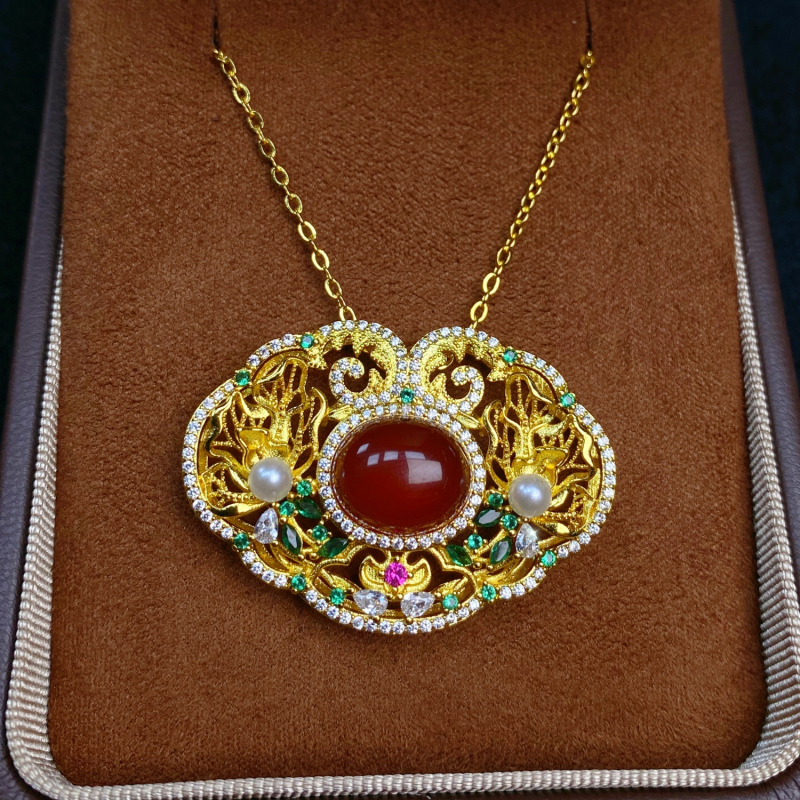 Σετ κοσμημάτων από αχάτη με εντοιχισμένο χαλκό κρεμαστό, σκουλαρίκια, κολιέ και δαχτυλίδι, Ο-αλυσίδα, Λογοτεχνικό ρετρό στυλ