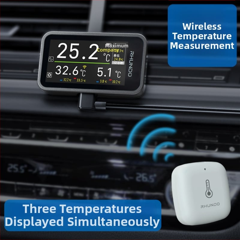 RHUNDO automašīnas iekšējās temperatūras displejs — elektroniskais termometra-higromērs, ABS korpuss ar LCD displeju, aksiālais tips