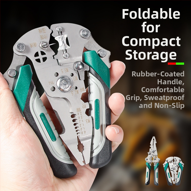 Elektriķim daudzfunkcionālais vadu mizgātājs no nerūsējoša tērauda – mizgāšana, griešana, saspiešana; saliekamais dizains; svars 0,21 kg