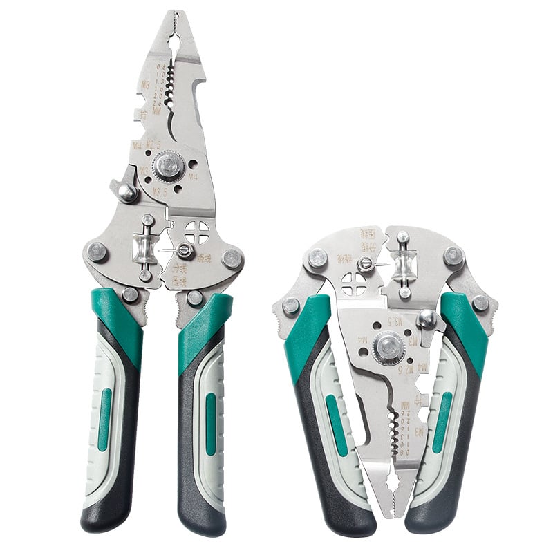 Електротехник: многофункционални клещи за обелване на кабели от неръждаема стомана – обелване, рязане, подрязване и захващане; сгъваем дизайн; тегло 0,21 кг