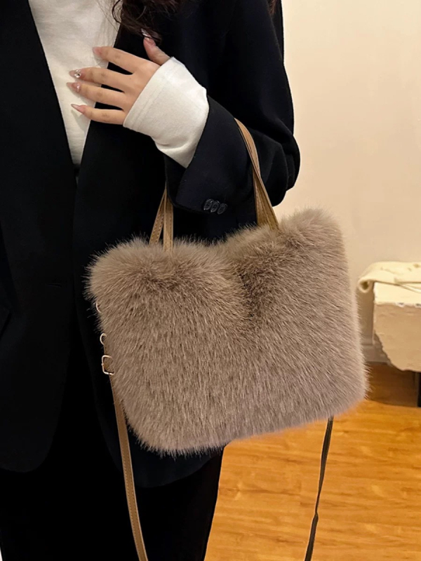Pliš torba preko ramena u obliku vedra, materijal od lambswoola, gradski minimalistički stil, uspravni kvadratni oblik, trodimenzionalna torba