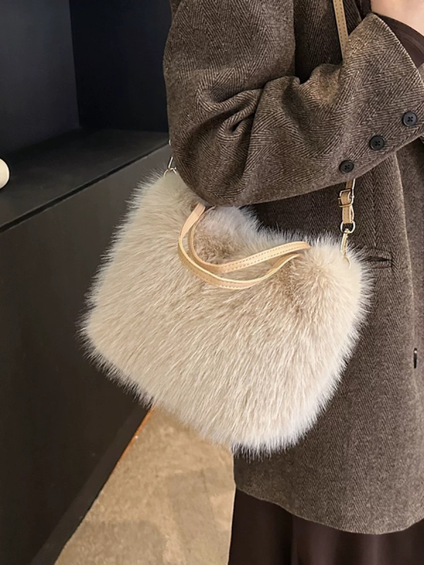 Pliš torba preko ramena u obliku vedra, materijal od lambswoola, gradski minimalistički stil, uspravni kvadratni oblik, trodimenzionalna torba