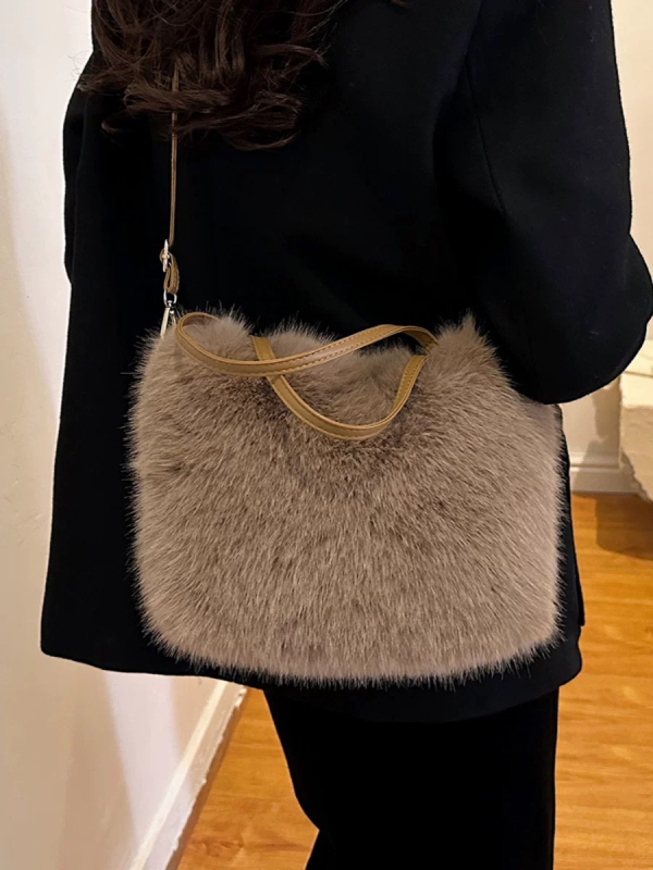 Pliš torba preko ramena u obliku vedra, materijal od lambswoola, gradski minimalistički stil, uspravni kvadratni oblik, trodimenzionalna torba