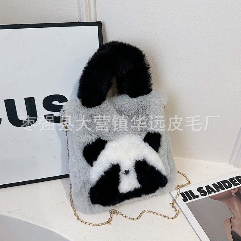 Panda pliš bucket torba s magnetskim zatvaranjem, džep za mobitel, podstava od sintetičke kože